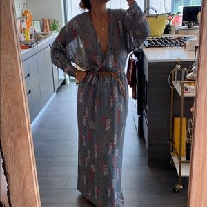 Gray oriental floral design vintage maxi dress